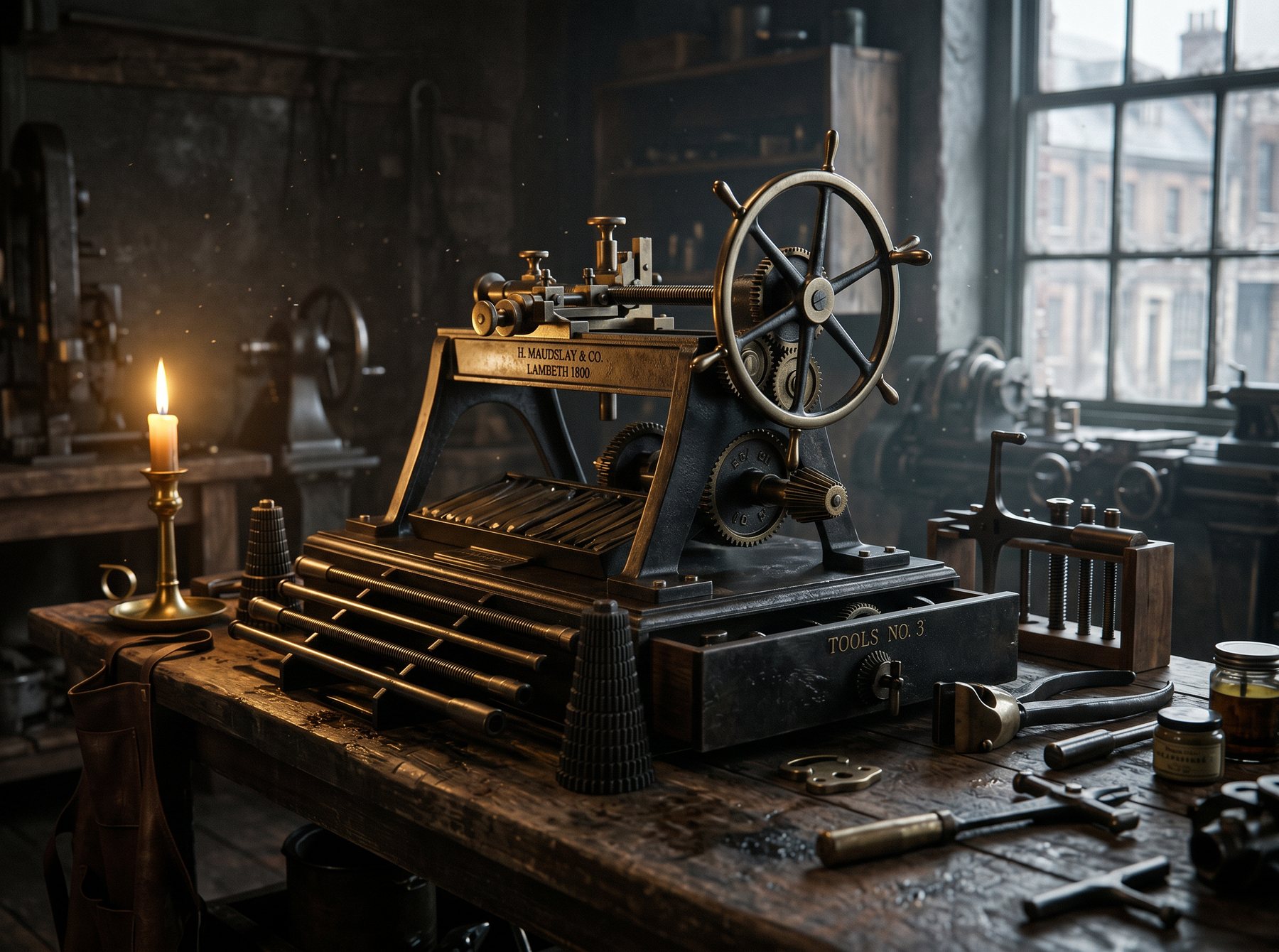 Henry Maudslay's c.1800 screw‑cutting lathe, candlelit workshop